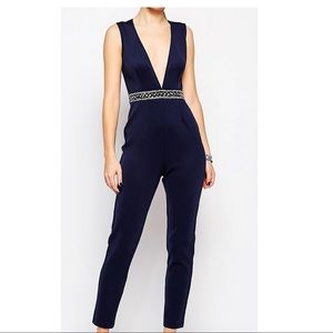 ASOS embellished Navy jumpsuit with deep plunge